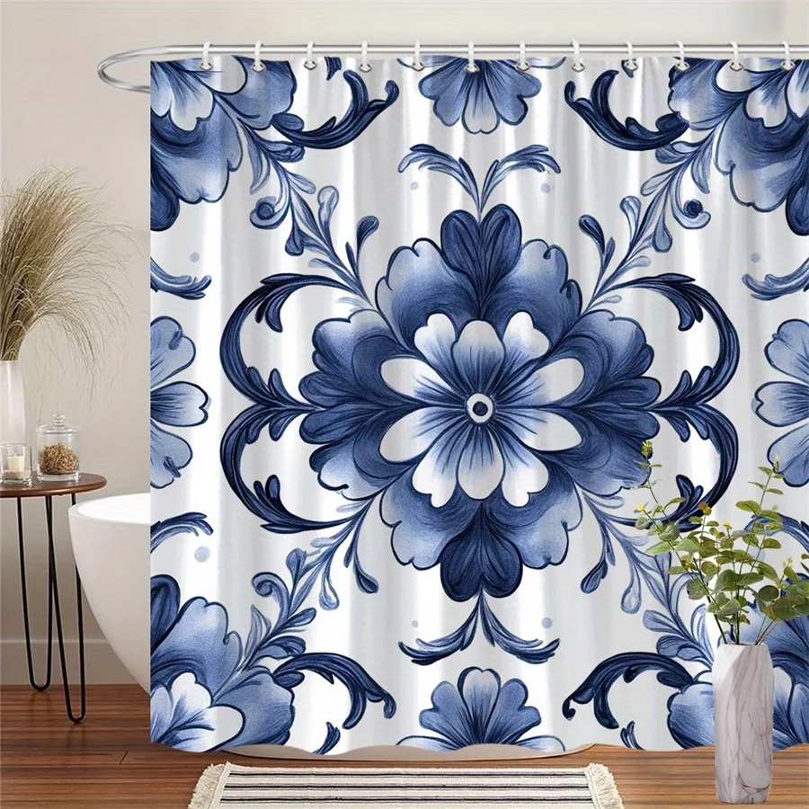 

1 шт., сине-белая занавеска для душа с фарфоровым узором, полиэфирная ткань, можно стирать в машине, подходит для украшения ванной комнаты