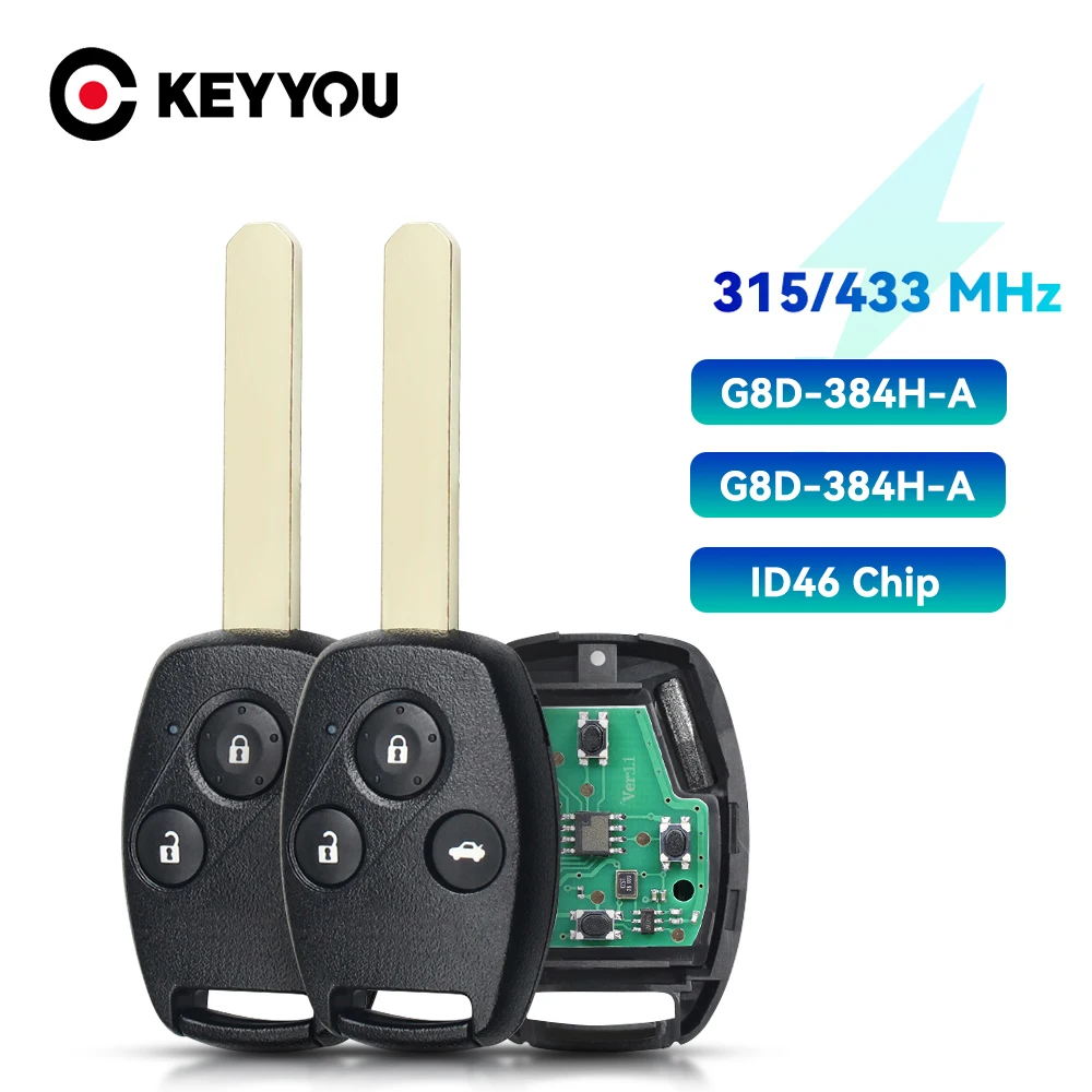 

KEYYOU 315/433MHz ID48 Chip 2/3 Buttons Remote Car Key For Honda Accord CRV Odyssey Jazz G8D-382H-A G8D-384H-A