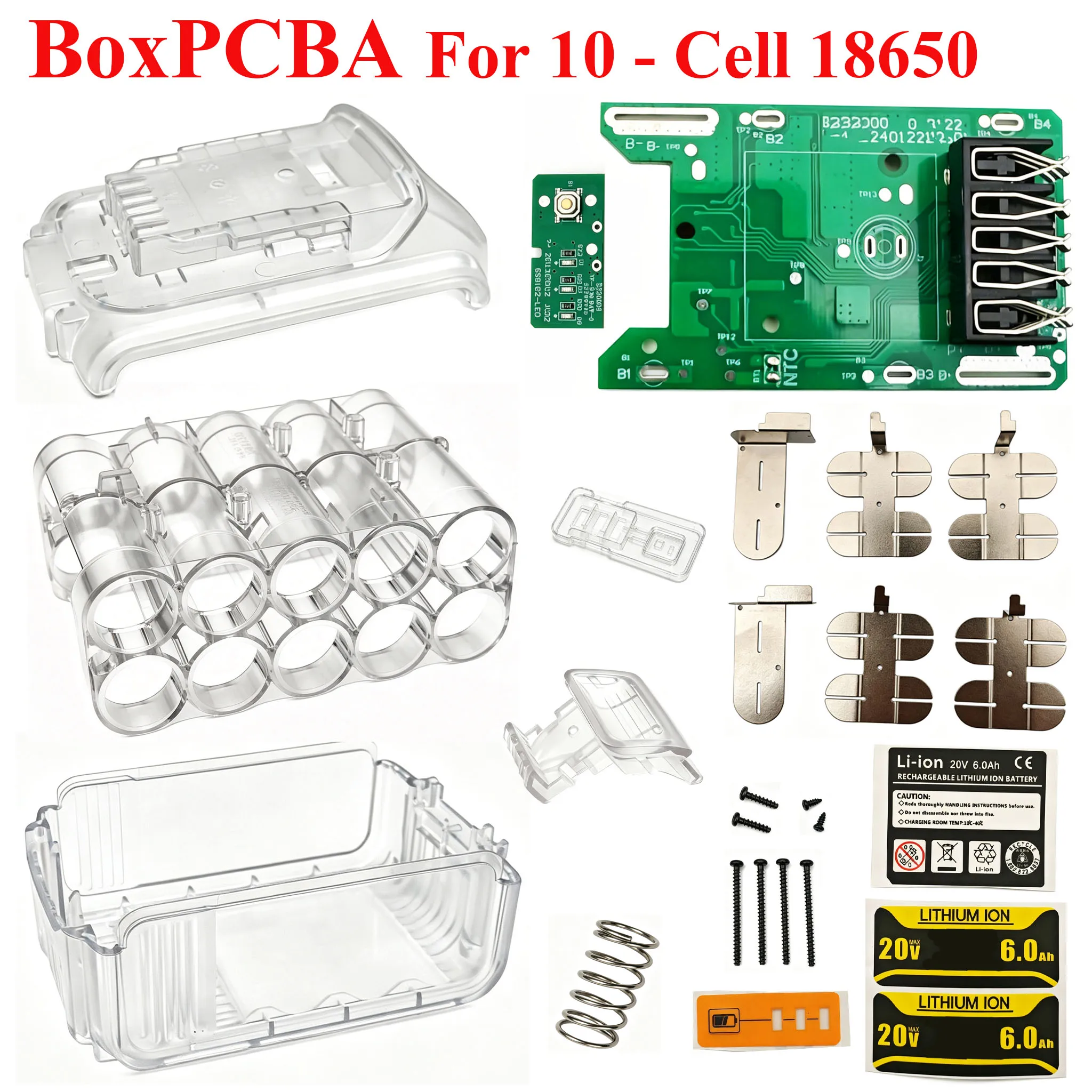 Transparentes Lithium-Batterie-Gehäuse BMS PCBA-Leiterplatte für Dewalt 18V Li-Ionen-Batterie-Aufbewahrungsbox 10X18650 Kit Gehäuse – Detail 1