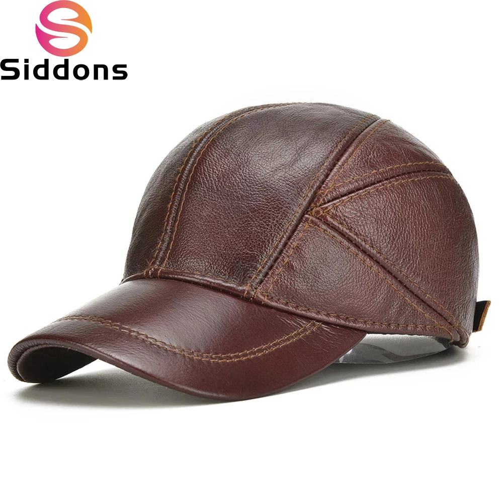 Men's 2024 Casual Real Leather Earflap Cap Men Real Cowhide Leather Caps Male Fall Winter Genuine Real Cow Leather Baseball Hats