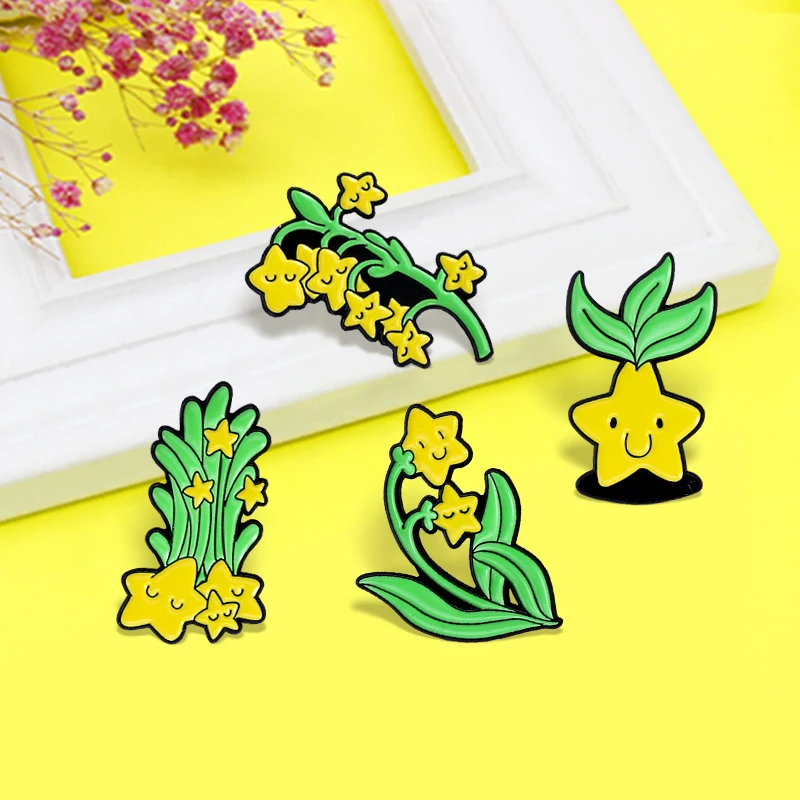 

Cute Stars Grass Plants Enamel Pin Smiling Stars Potted Plant Brooch Lapel Backpack Badge for Kids Alloy Jewelry Wholesale