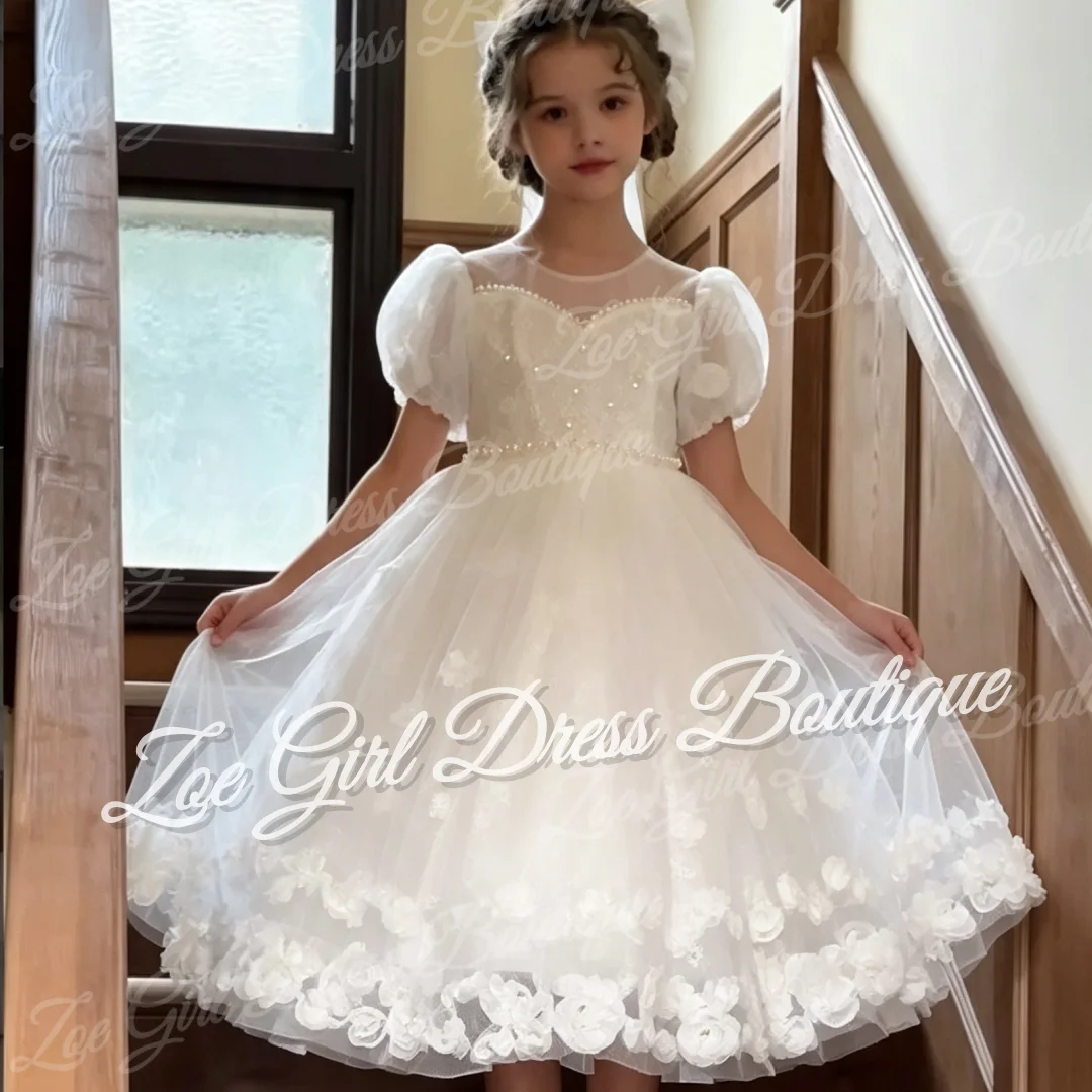 White Puff Sleeve Lace 3D Floral Pearl Flower Girl Dress for Kids First Holy Communion Pageant Birthday Party Gowns Customized