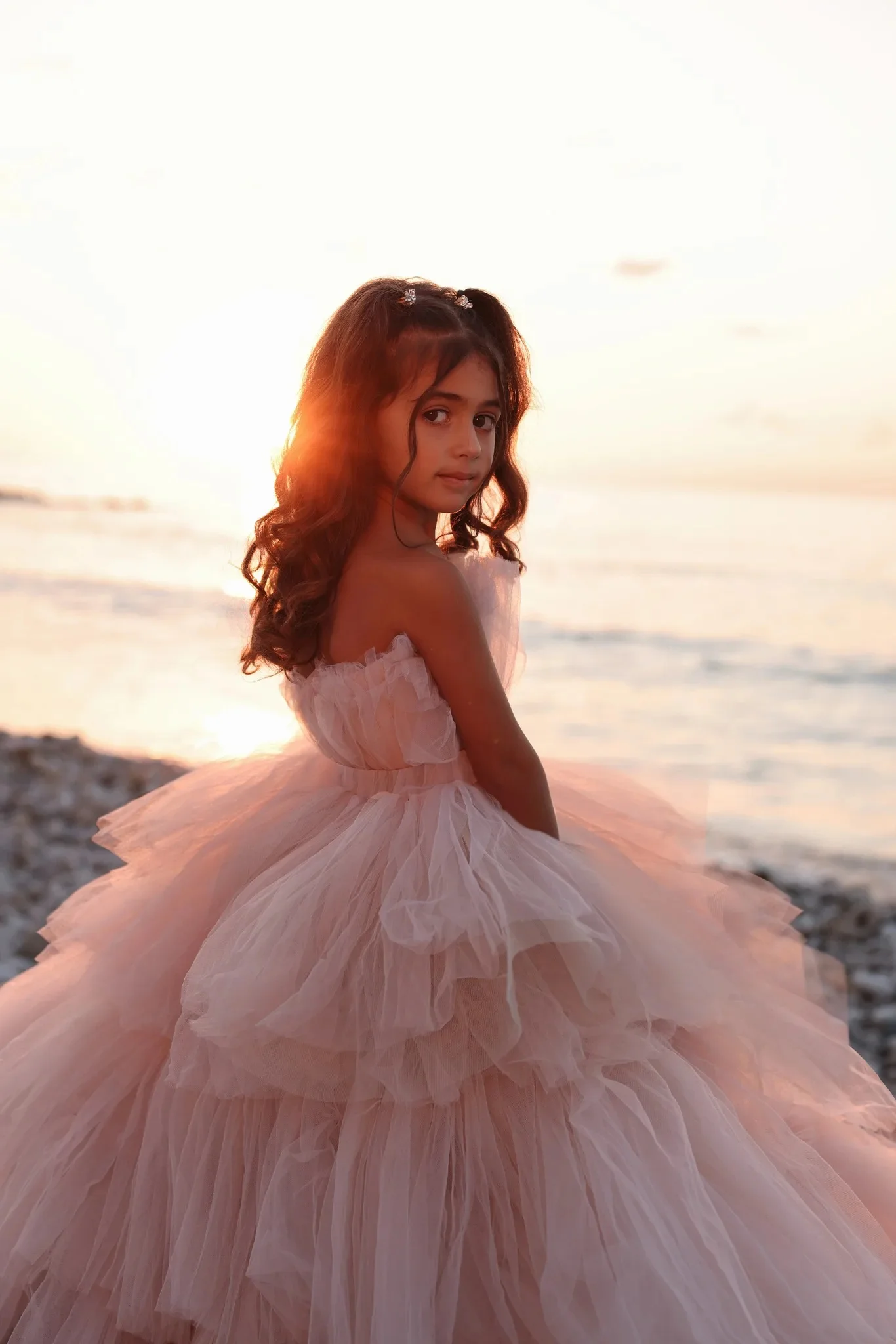 Elegante vestido de flores para niña, vestido de tul Rosa hinchado en capas sin mangas con lazo para boda, primer vestido de fiesta de cumpleaños eucarista