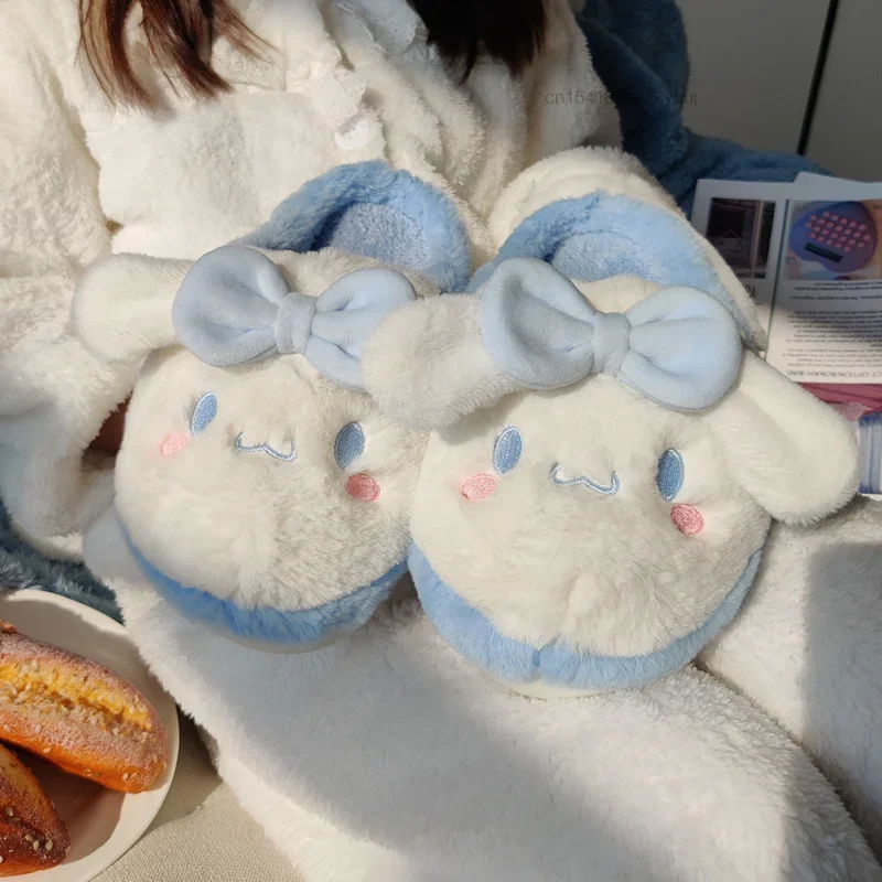 Sanrio Cinnamoroll Home Fuzzy Slipper Y2k Shoes Women Winter Contton Warm Plush Non Slip Grip Fluffy Kawaii Embroidery Shoes