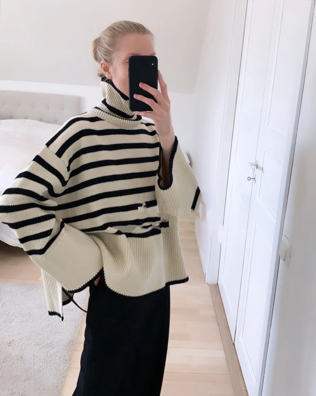 Autumn and winter European cashmere languid wind sweater top high collar wide sleeve stripe color matching wool loose sweater