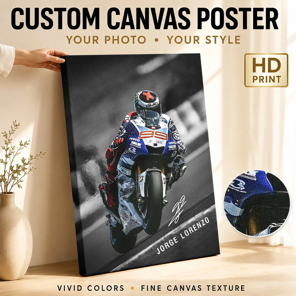 Jorge Lorenzo Motorcycle Canvas Print Poster Modern Motorsport Style Wall Art With Customized Photo For Garage Ideal Rider Gift