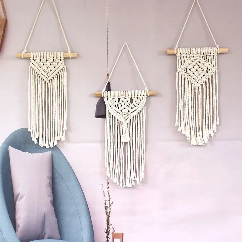 2pcs Hand-woven Macrame Wall Hanging Wood+Cotton Rope Bohemian Home Background Wall Decor