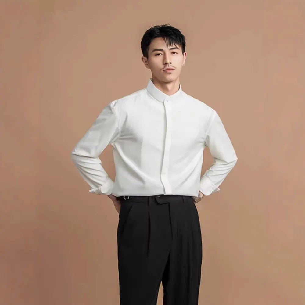 French Stand Collar Snap Button Wrinkle-Free Slim Long Sleeve Ice Silk Shirt Men's Casual Top