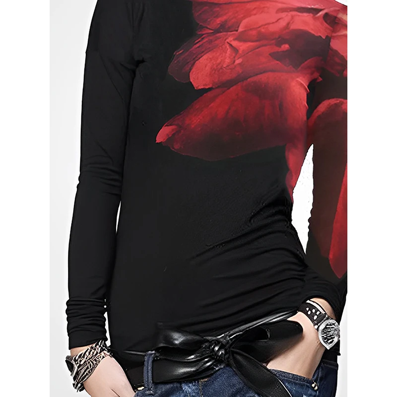 

Krisnanas Women Long Sleeves Skinny Tops 2024 Fashion Autumn Asymmetric Printed Split-Joint High Neck T-Shirts Tops