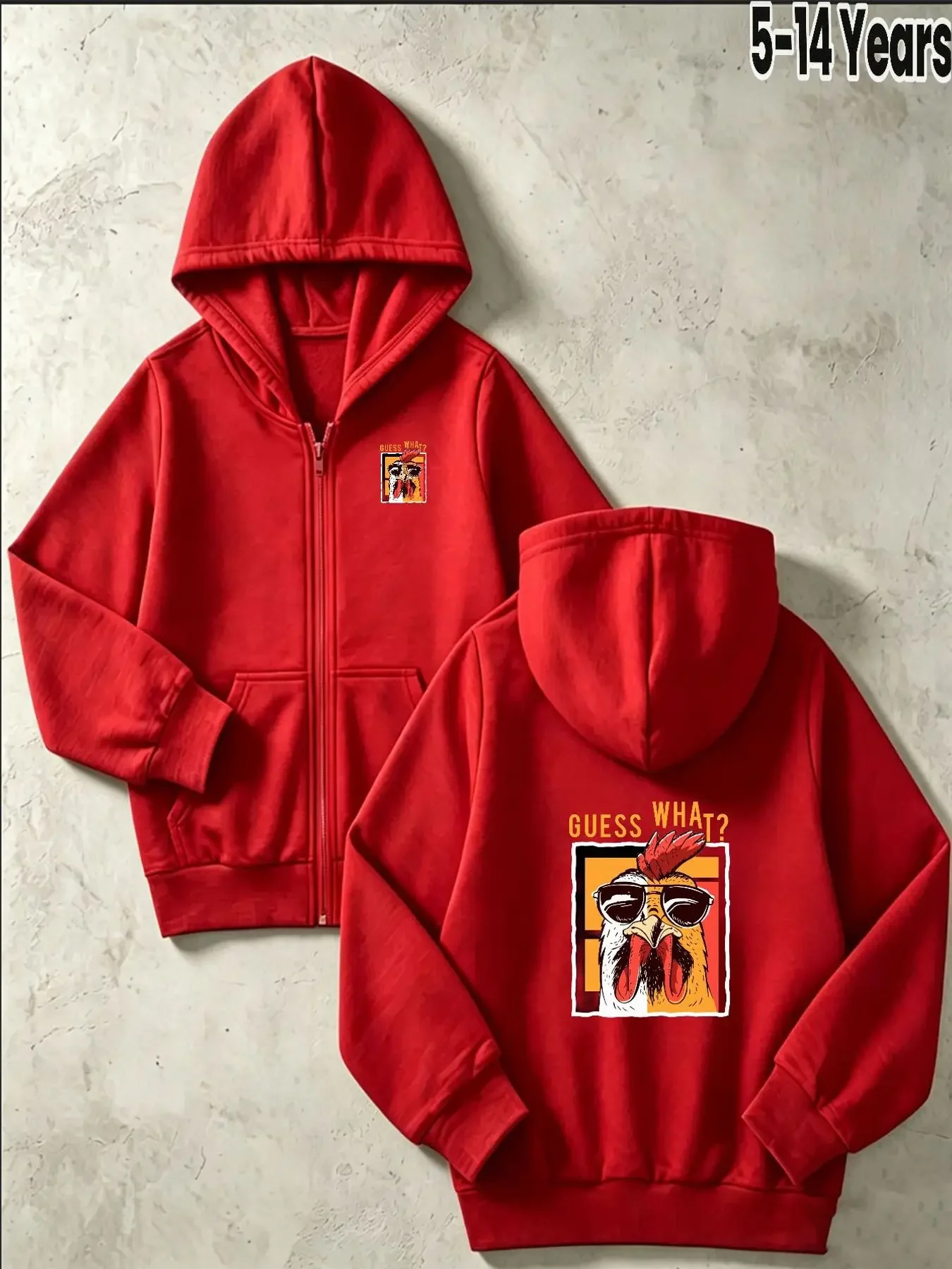 Kids Zip Up Hooded Jacket Guess What Cool Rooster With Sunglasses Graphic Long Sleeve Casual Outerwear For Boys Girls Aged 5 To