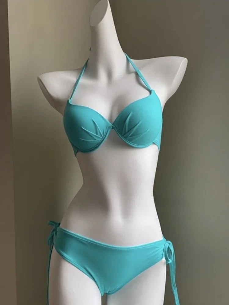 

Новый летний синий комплект бикини из двух частей для пляжа, купальник для небольшой груди, с эффектом пуш-ап, спортивный, для фитнеса и отдыха на море