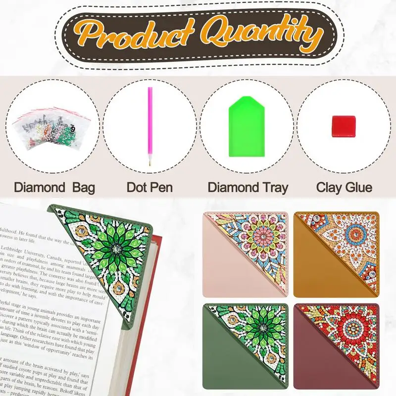 Bookmark Making Kit DIY Page Mark Gem Art Corner Bookmarks 4pcs Handmade Book Markers Art Crafts PU Leather Triangle Bookmark