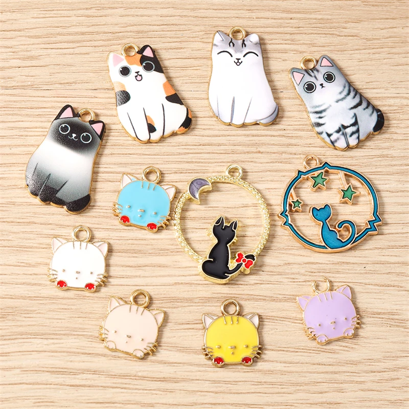 10 Stück Cartoon-Tier-Anhänger, Emaille-Katzenanhänger für die Herstellung von Ohrringen, Halsketten, Armbändern, DIY-Bastelarbeiten, Schmuckzubehör – Detail 1