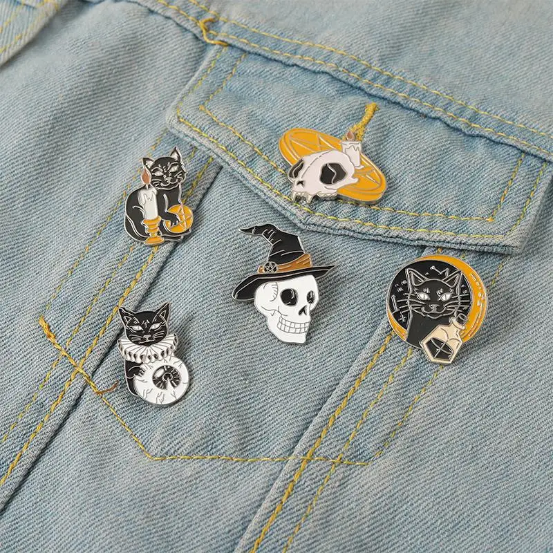 Cat Duke Enamel Pins Custom Witch Skull Skeleton Eye Candle Brooches Lapel Badges Dark Punk Gothic Jewelry Gift for Friends