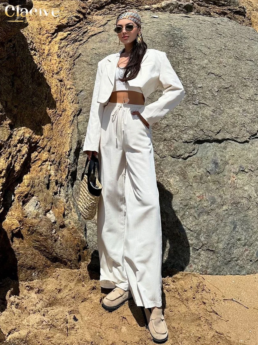 

Clacive Fashion Loose White Trousers Sets For Women 2 Pieces Elegant Long Sleeve Crop Top With High Waist Wide Pants Set Female