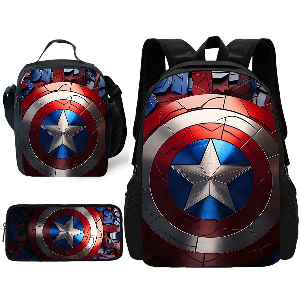 3 pcs set Anime Captains Americas Child School Backpack with Lunch Bags ,Pencil Bags ,School Bags for Boys Girls Best Gift