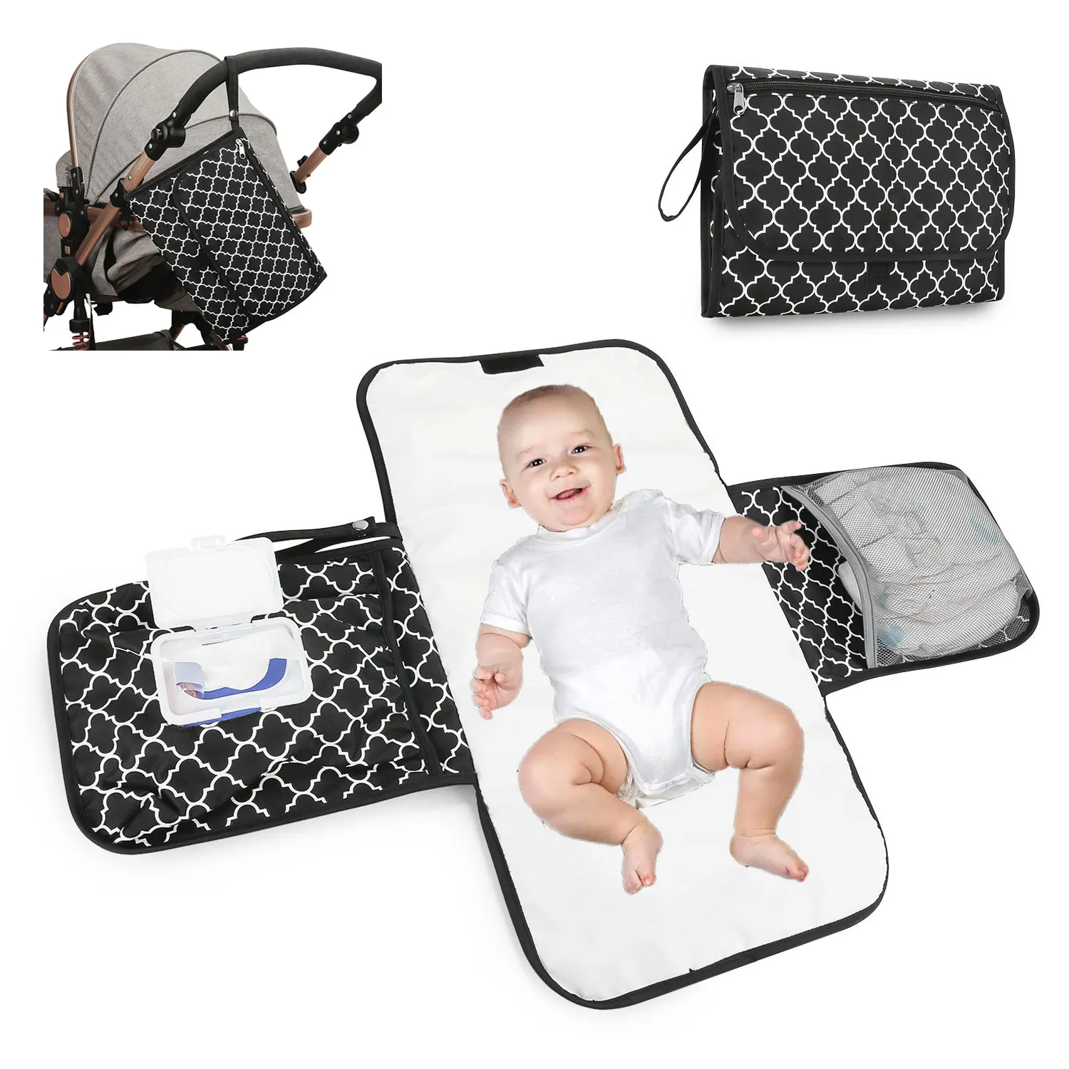 漏れ防止防水尿防止ベビーおむつ交換パッドステーションマットポータブル通気性ベビーカーバッグワイプポケット付き-5-色