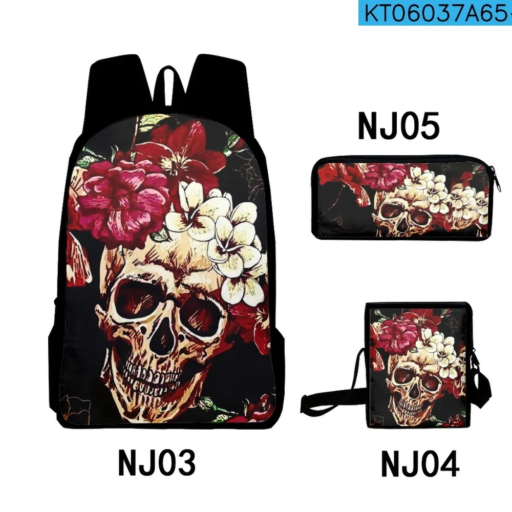 Conjunto de 3 3d impresso crânio, esqueleto, flor, mochila para alunos do ensino primário e médio, mochila, saco crossbody, estojo de lápis