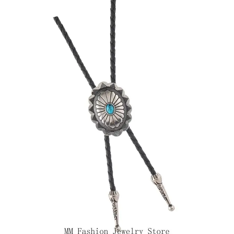 D0UB الفيروز كاوبوي بولو التعادل قلادة مع لهجات سبيكة زهرة لحدث مسابقات رعاة البقر