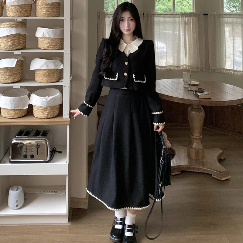 French Two-Piece Set Women Black Single Breasted Cropped Long Sleeve Coat Elegant Sweet Pretty Style Skirt Set Fashion Suits