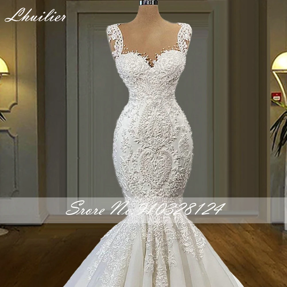 Lhuilier Customized Scoop Neck Mermaid Wedding Dresses Sleeveless Pearls Beaded Lace Appliques Bridal Dress with Court Train image 6