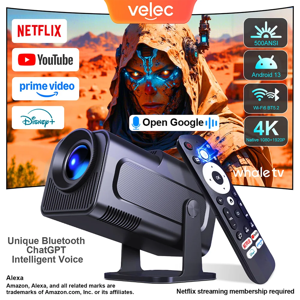 جهاز عرض Velec أندرويد 13 HY320 NTV 4K 1080P 500ANSI BT5.2 WIFI6 صوت عن بعد خارجي ذكي لأجهزة عرض المسرح المنزلي #1