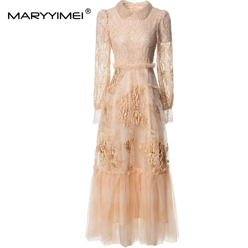 

MARYYIMEI Fashion French casual Romantic Daily Basic Dress For Women Lace Splicing Mesh Sequins design Turn-Down Collar Dresses