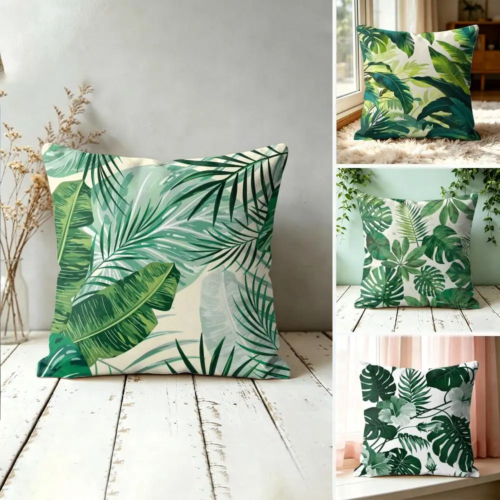 Green Palm Leaves Pillow Case Double-Sided Plush Sofa Cushion Covers Organic Breathable Invisible Zipper