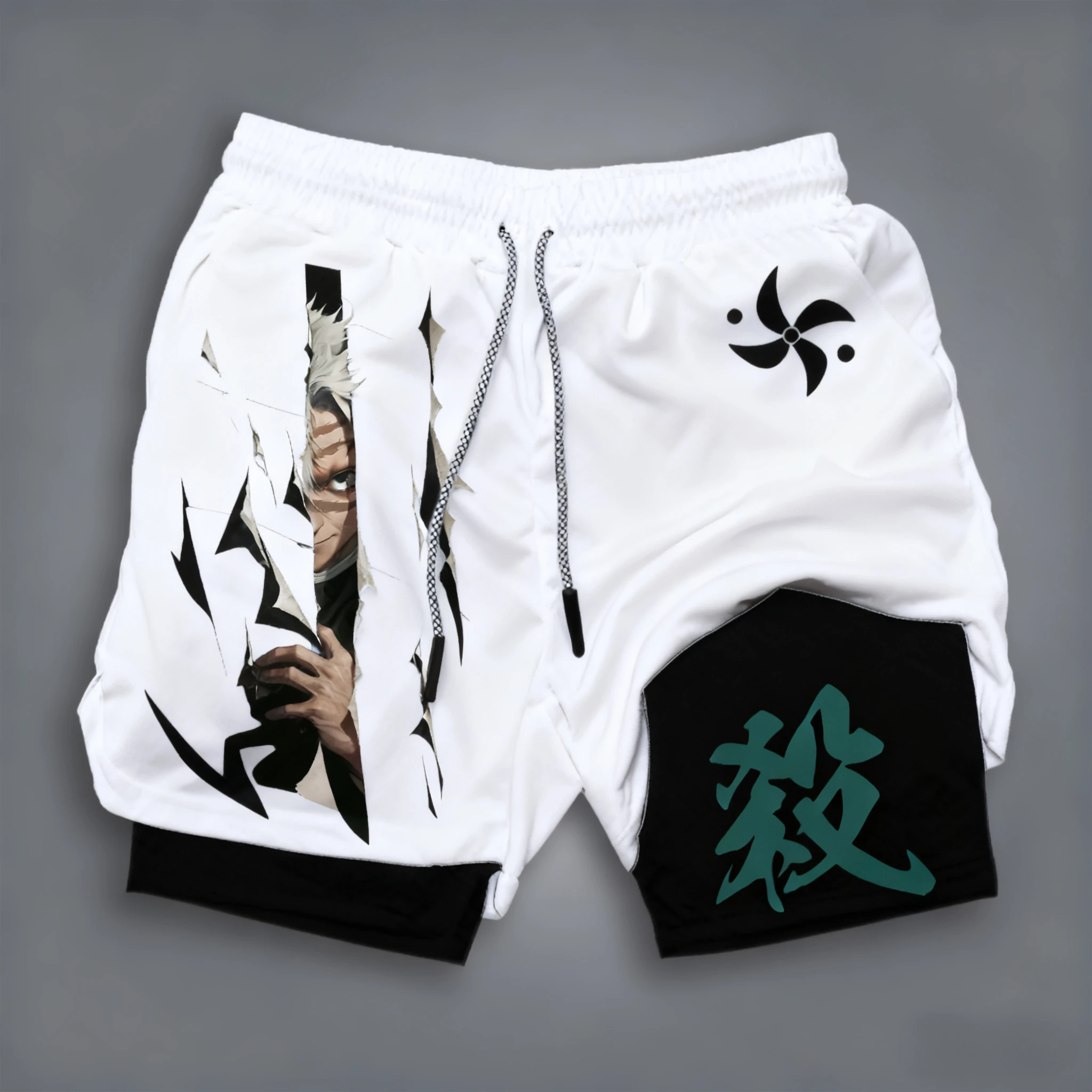 بانداي شيطان القاتل المطبوعة الرجال السراويل مزدوجة الطبقات 2026 الصيف الأمريكية فضفاضة وتنفس ورياضية شورتات الموضة #2