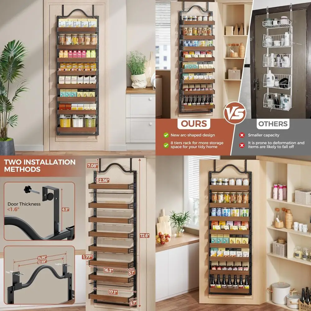 

8-ярусная настенная подставка для специй, сверхпрочный органайзер для кладовой над дверью с деревянными регулируемыми корзинами, 2 в 1: настенное крепление или подвесное