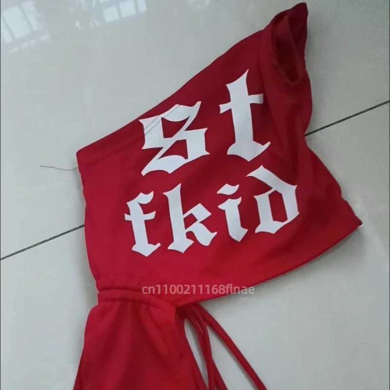 Jazz Dance Costume, Girls' Street Dance Performance Costume, Red Top, White Ripped Pants, Exposed Navel Dance Runway Show Set