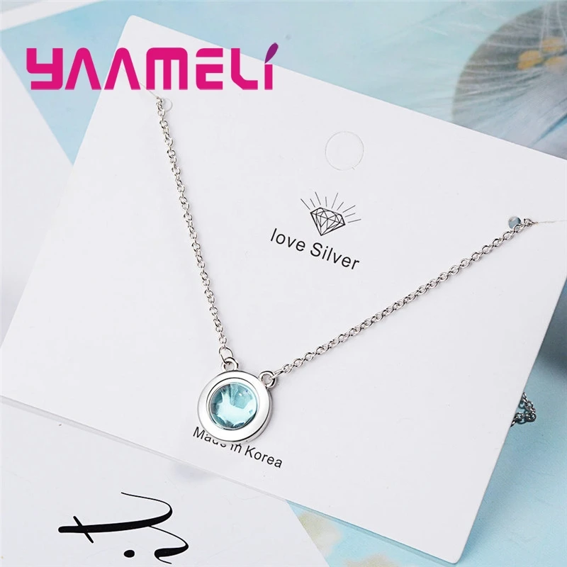 Minimalist Hot Sale Round Blue CZ Stone Sparkling 925 Sterling Silver Necklace For Loverly Woman Girls Trendy Festival Gift image 2