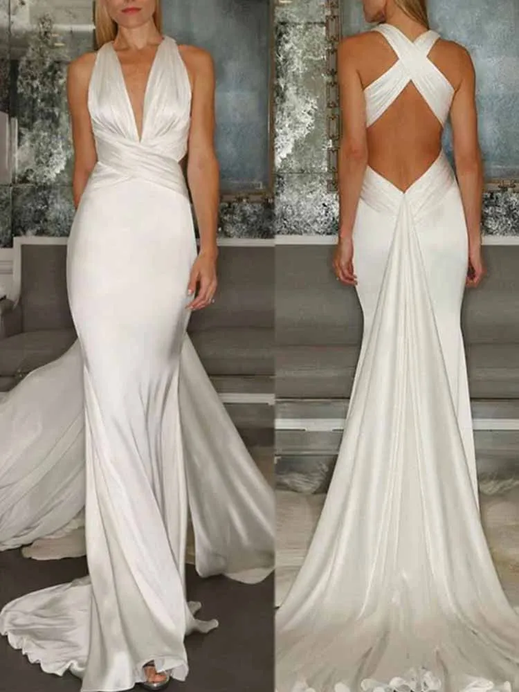 Sexy Wedding Dresses Women 2025 Satin Sheath/Column Modern Wedding Dress Ivory Halter Pleat Tailing Wedding Party Dresses Long