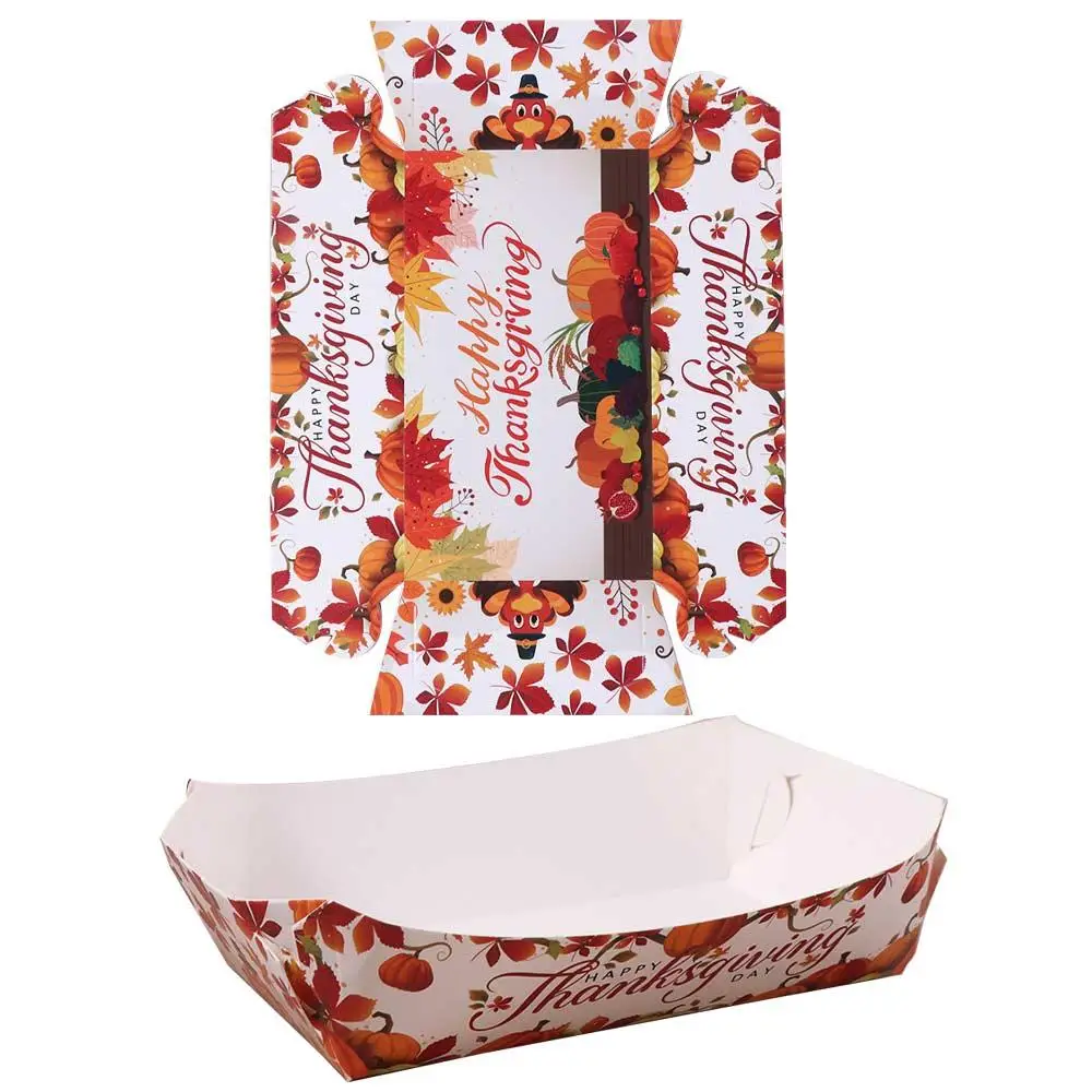 Mini cajas de papel para aperitivos, bandejas rectangulares con estampado de hojas de arce y calabaza, sartenes desechables gruesas para Festival, 12 Uds.