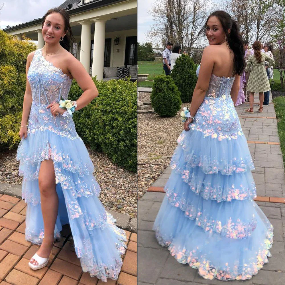 Personalizado requintado moda clássico de alta qualidade net em camadas applique bola vestidos longos de um ombro vestidos de baile