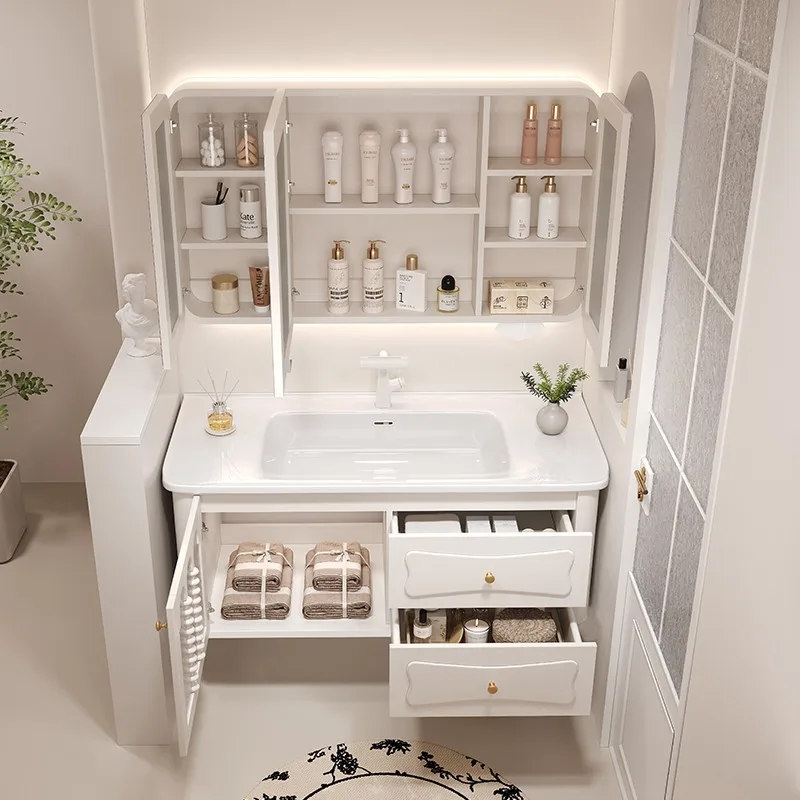 French cream wind oak paint bathroom cabinet ceramic integrated basin toilet hand wash sink bathroom cabinet combination