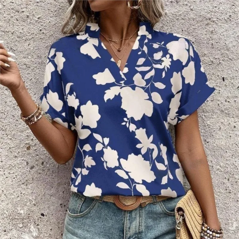 Camisetas de primavera y verano para mujer, Top con estampado Floral y cuello levantado, camisetas holgadas informales ajustadas a la moda para mujer 2024