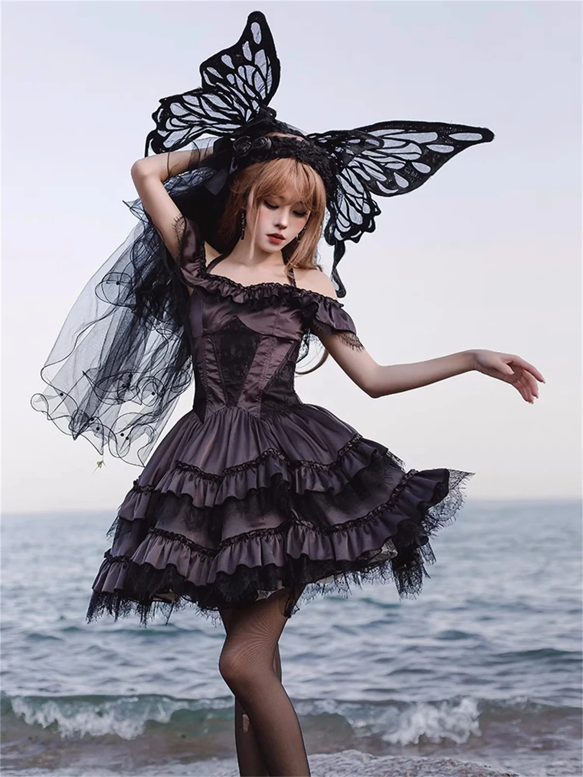 French  Vintage Jsk  Lolita Girls Cosplay Fashion Ballet Style Sexy Tunic Backless Mesh Ruffle Elegant Sweet Flower Dress