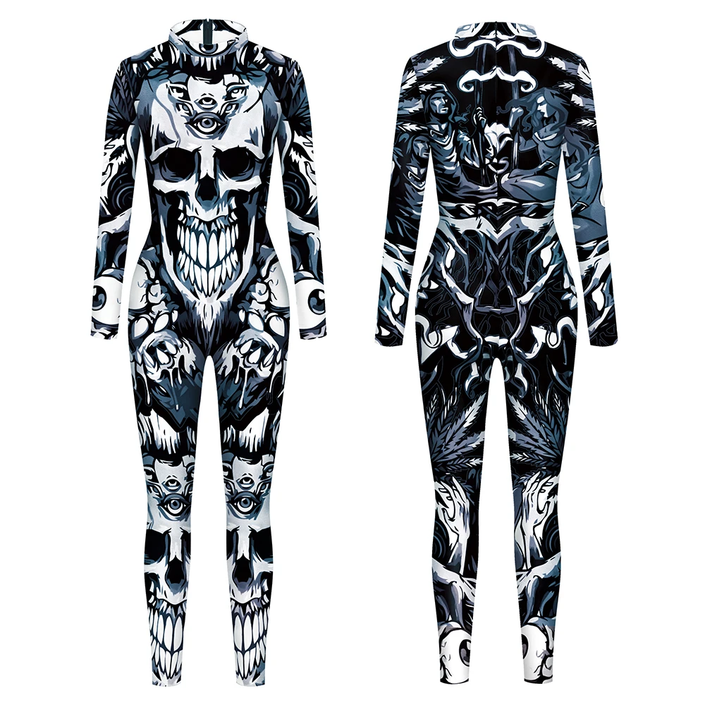 Adult Halloween Jumpsuits Skull Pattern Catsuit Unisex Men Women Zentai Bodysuits Gothic Cosplay Costume Carnival Party Dress Up