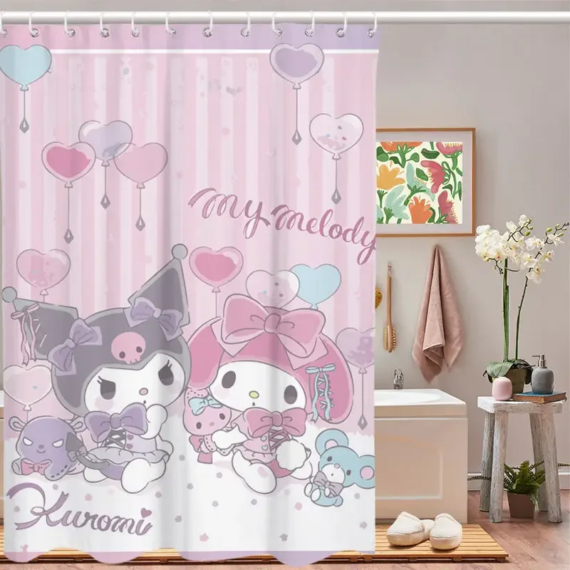 My Melody Kuromi Cartoon Shower Curtains  Kawaii Sanrios Cinnamonroll Waterproof Polyester Bathroom Curtain with Hooks Gift