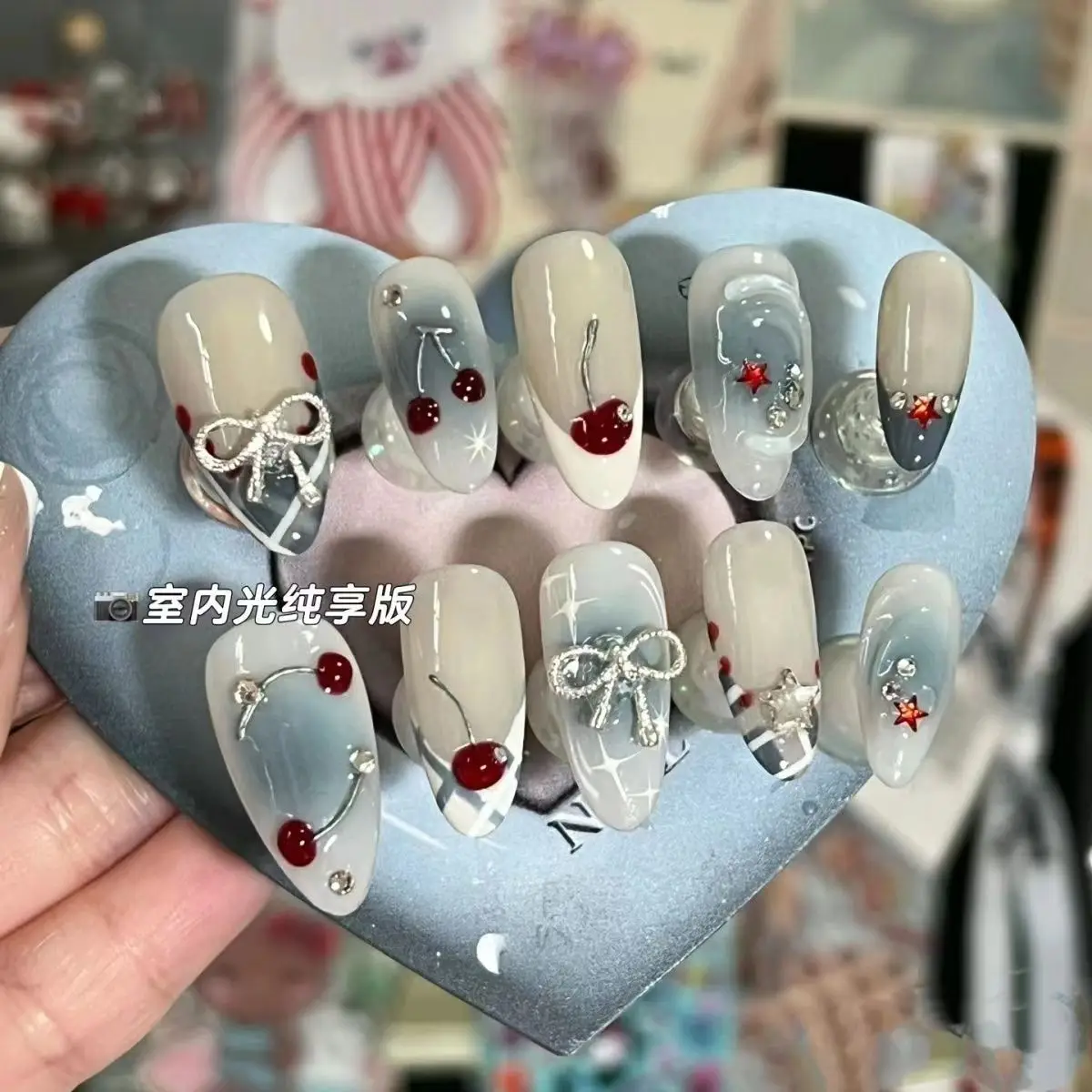 10Pcs Handmade Press on Nails French Almond Full Cover Cherries and Bow Design Fake Nails Sweet Cute Manicure Nail For Women