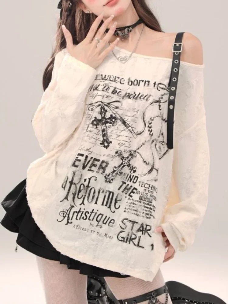 QWEEK Gothic Goth Grunge Dark Hollow Out T Shirt Women Harajuku Hollow Out Off Shoulder Sexy Tees Letter Print Tops 2024 Autumn