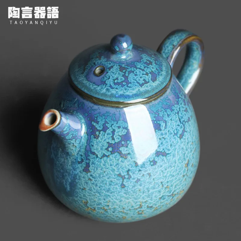 Yuzhou Junyao Floating Blue Jade Dragon Dan Holding Teapot Raw Mineral Oil Drops Tianmu Crystal Spotted Gold Point Tea Maker