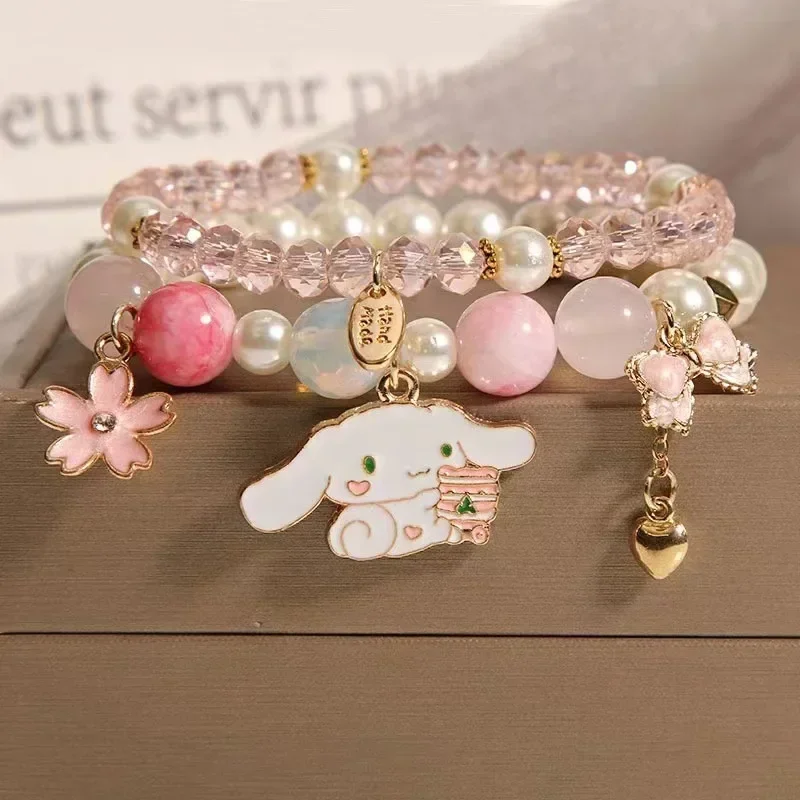 Kawaii Sanrio Cinnamoroll Bracelet Girls String Jewelry Cute Cartoon Hello Kitty Crystal Beaded Girls Toy Christmas Gifts