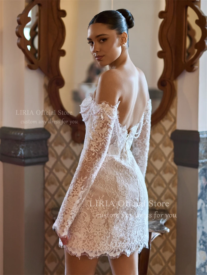 LIRIA Customized White Off the Shoulder Wedding Dresses Pearls Lace Long Sleeve Backless Bridal Gowns Flower Mini Wedding Gowns view 3