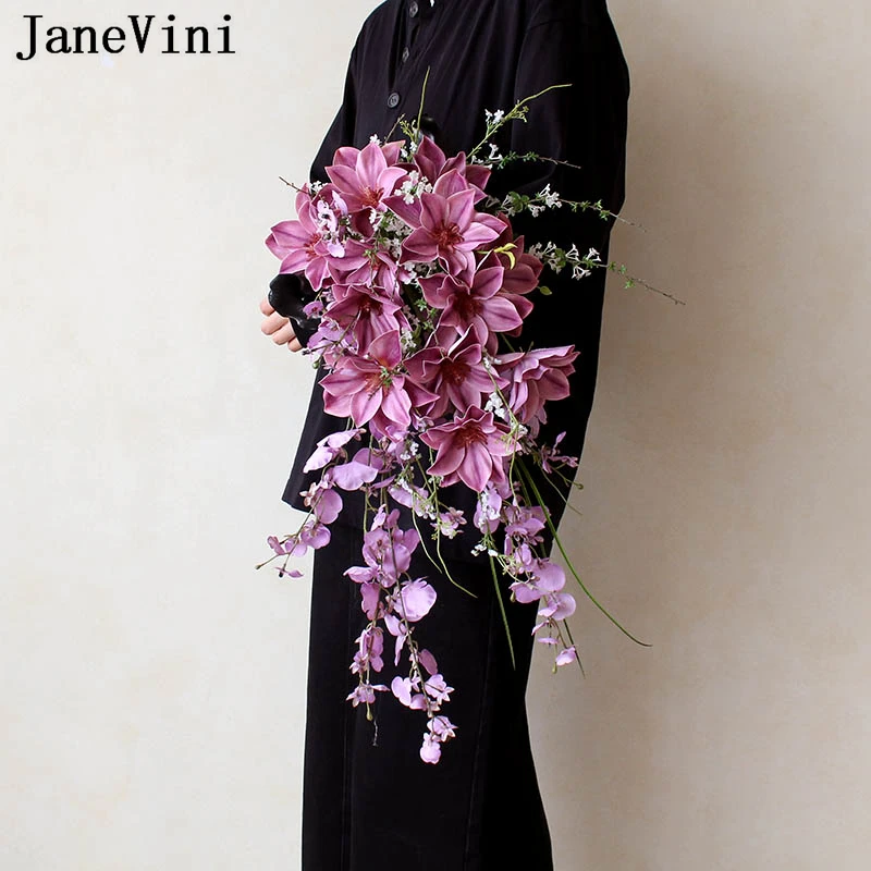 

JaneVini 2024 Vintage Purple Weeding Flowers Artificial Wedding Bouquet Waterfall Bridal Bride Hand Flower Blumenstrauß Hochzeit