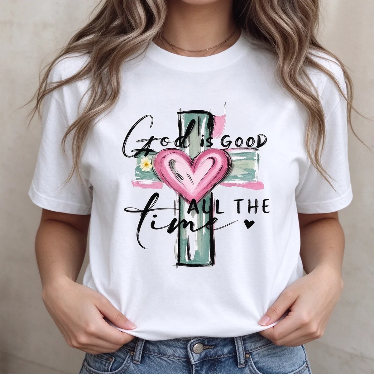 God Is Good All The Time Cross Heart T-Shirt Christian Faith Religious Tee Women's Casual Short Sleeve Shirt Inspirational Tops