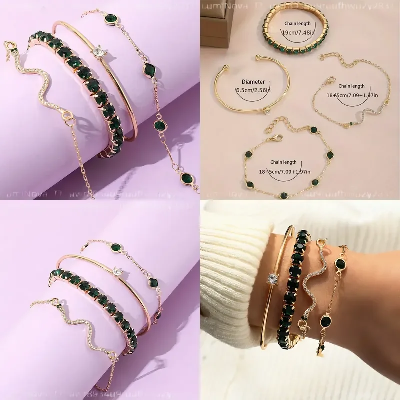 4pcs Elegant Green Faux Gemstone Rhinestone Snake Chain Claw Bracelet Set Open Bangle Jewelry for Women Sexy Fashion
