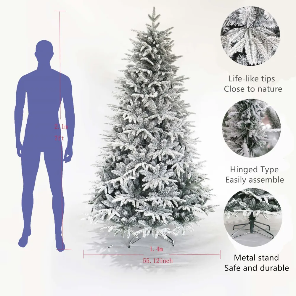 

Snow Flocked Christmas Tree 7ft Artificial Hinged Pine Tree with White Realistic Tips Unlit