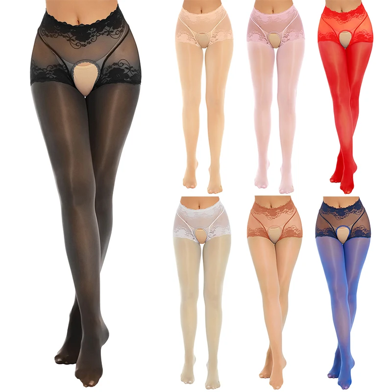 

Oil Glossy Open Crotch Stockings Transparent Suspender Pantyhose Tights Stockings Sexy Lady Elastic Pantyhose Cutout Stockings